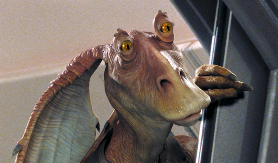 <p>Just all of Jar Jar, really. Every time he opens his stupid mouth. Every time he flops around his stupid ears. Every time he moves his stupid feet. Just absolutely every single stupid thing the stupid idiot does. Including breathing with his stupid lungs. Why did he have to have lungs?</p>