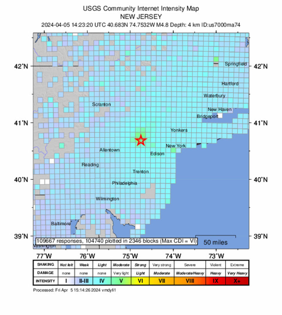 Map of where New Jersey earthquake was felt, with the quake's origin marked with a star