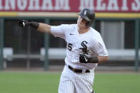 Chicago White Sox's Andrew Vaughn celebrates his home run off Kansas City Royals starting pitcher Kris Bubic during the second inning of a baseball game Tuesday, Aug. 3, 2021, in Chicago. (AP Photo/Charles Rex Arbogast)