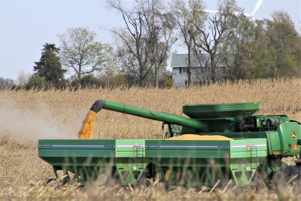 A farmer harvests corn near Slater, Iowa on Oct. 17, 2020.