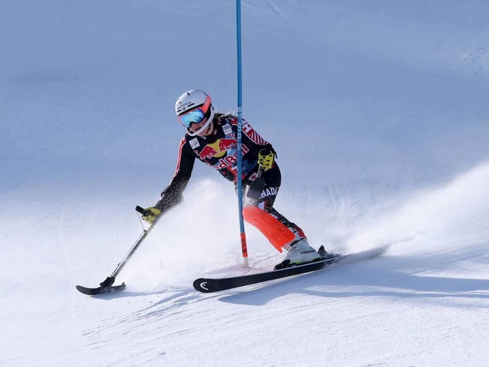 Frédérique Turgeon of Canada, pictured during World Cup competition in February, raced to silver in the women's standing downhill event on Saturday in Sella Nevea, Italy. (Alexander Hassenstein/Getty Images - image credit)