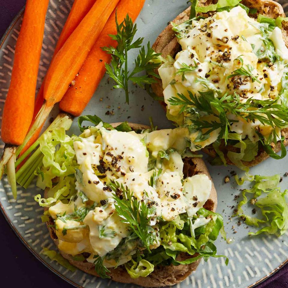 <p>When you boil eggs ahead of time, it's easy to create a lickety-split and delightful lunchtime egg salad. And using the flavorful leafy carrot tops in it is like getting herbs for free.</p> <p> <a href="https://www.eatingwell.com/recipe/7885799/egg-salad-english-muffin-sandwich/" rel="nofollow noopener" target="_blank" data-ylk="slk:View Recipe;elm:context_link;itc:0;sec:content-canvas" class="link ">View Recipe</a></p>