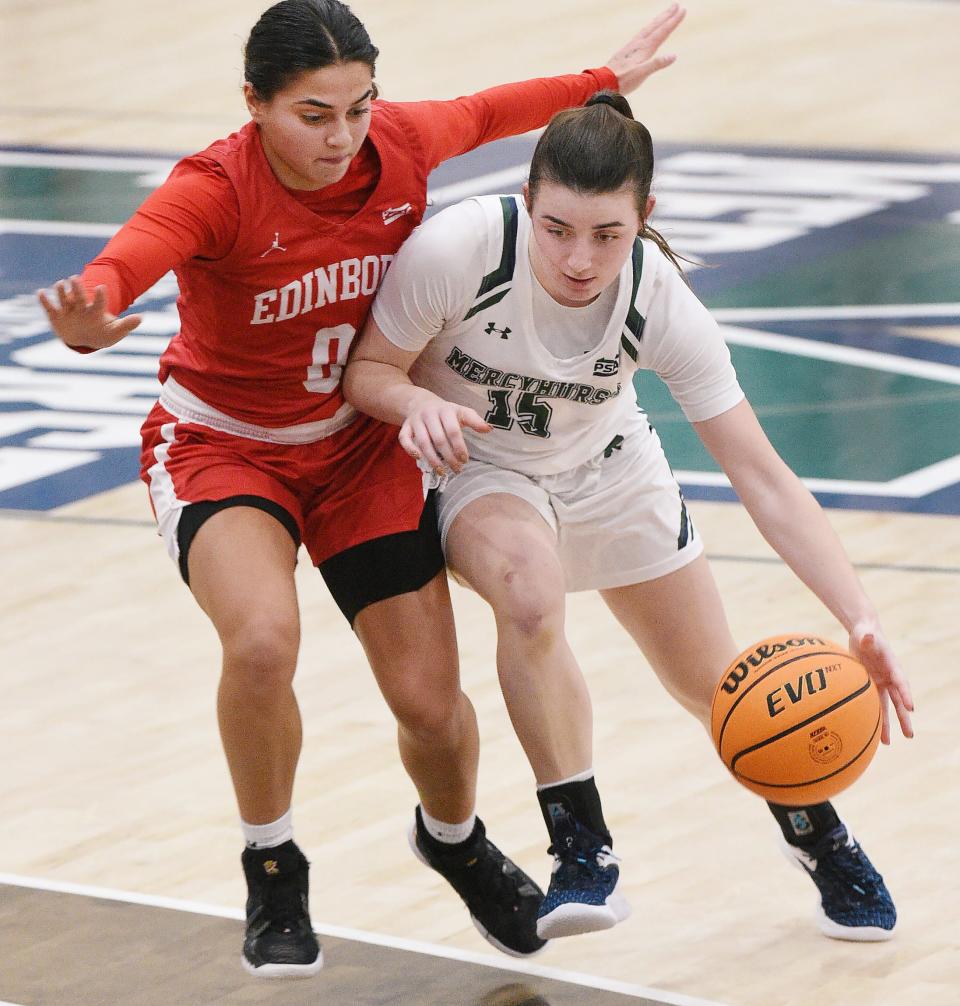 Edinboro University junior Rana Elhusseini, left, guards Mercyhurst sophomore Ava Waid at the Mercyhurst Athletic Center on Jan. 4. Elhusseini is the top scorer in the PSAC West with 20.3 points per game in 22 games.