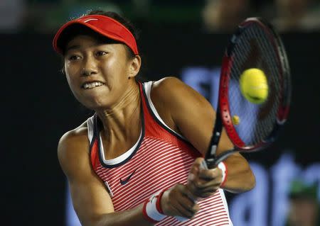 China's Zhang Shuai hits a shot during her fourth round match against Madison Keys of the U.S. at the Australian Open tennis tournament at Melbourne Park, Australia, January 25, 2016. REUTERS/Tyrone Siu