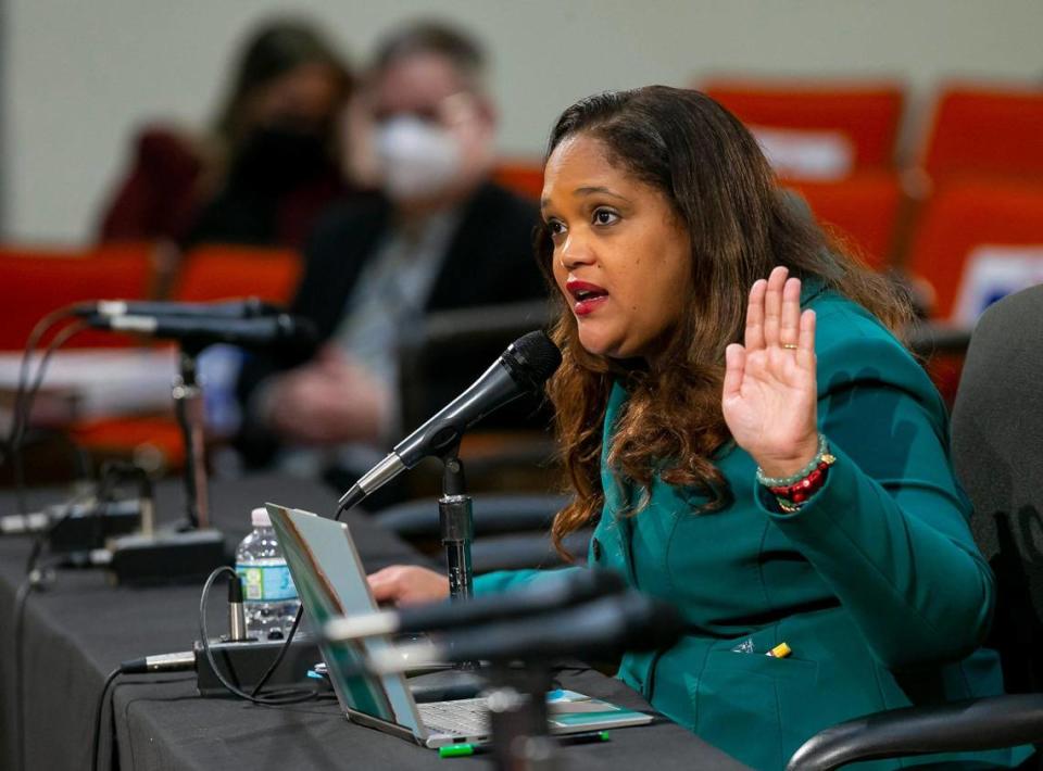 Candidate for Miami-Dade Public Schools Superintendent Rafaela Espinal participates in a public interview at the school board’s headquarters in downtown Miami, Florida on Monday, January 24, 2022. Espinal, a nearly 30-year veteran with the New York City Department of Education, is one of three finalist applying for the position of superintendent.