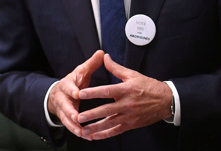 A badge adorns the jacket of Australian Prime Minister Malcolm Turnbull as he speaks on the 50th anniversary of the 1967 referendum in the House of Representatives at Parliament House in Canberra, Australia, May 24, 2017. AAP/Lukas Coch/via REUTERS