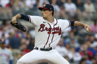 Atlanta Braves starting pitcher Max Fried throws to a New York Mets batter during the first inning of a baseball game Thursday, Aug. 18, 2022, in Atlanta. (AP Photo/Brett Davis)