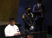 Sierra Leone's President Julius Maada Bio addresses the 76th Session of the U.N. General Assembly at United Nations headquarters in New York, on Wednesday, Sept. 22, 2021. (John Angelillo/Pool Photo via AP)