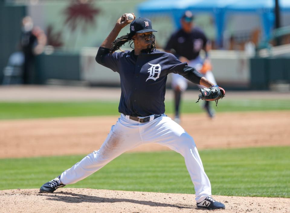 Detroit Tigers starting pitcher Jose Urena pitches in the first inning against the Philadelphia Phillies at Joker Marchant Stadium in Lakeland, Fla. on March 24, 2021.