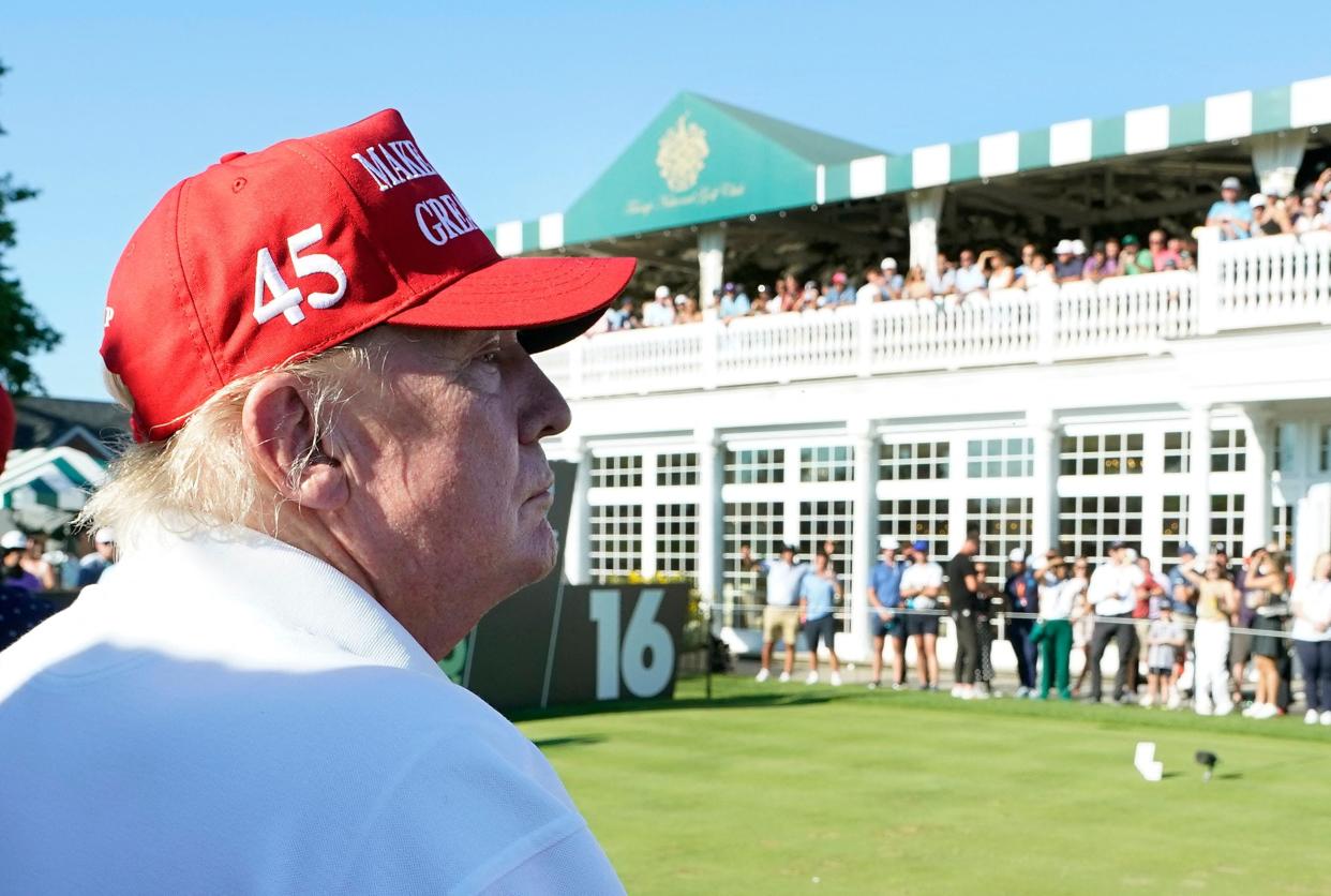 Former US President Donald Trump is seen at the 16th hole during Round 3 at the LIV Golf-Bedminster 2023 at the Trump National in Bedminster, New Jersey on August 13, 2023.