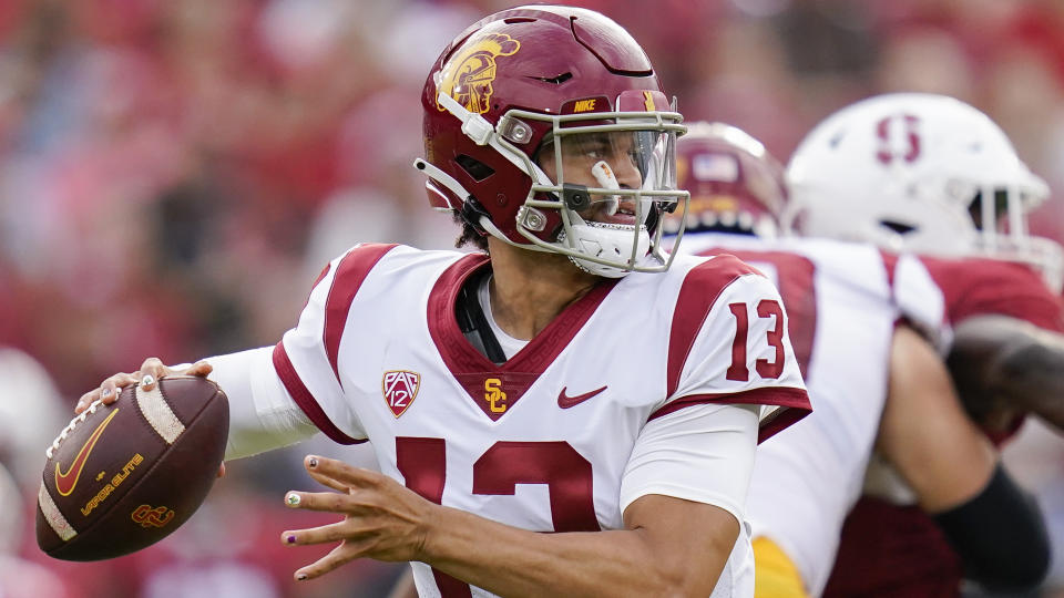 Southern California quarterback Caleb Williams (13) throws a pass against Stanford during the first half of an NCAA college football game in Stanford, Calif., Saturday, Sept. 10, 2022. (AP Photo/Godofredo A. Vásquez