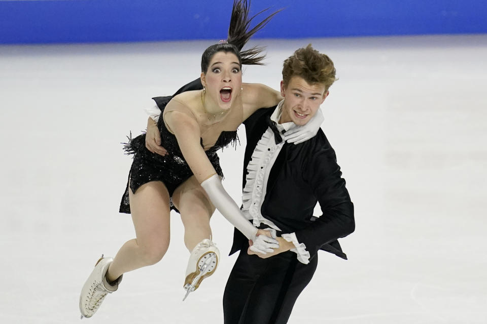 Lorraine McNamara and Anton Spiridonov perform during the rhythm dance program at the U.S. Figure Skating Championships, Friday, Jan. 15, 2021, in Las Vegas. (AP Photo/John Locher)