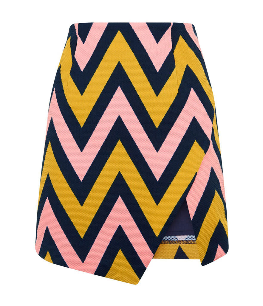 This skirt picks up on Gucci resort’s fixation with chevron, and the colors are a pure, ‘70s-kitsch delight.