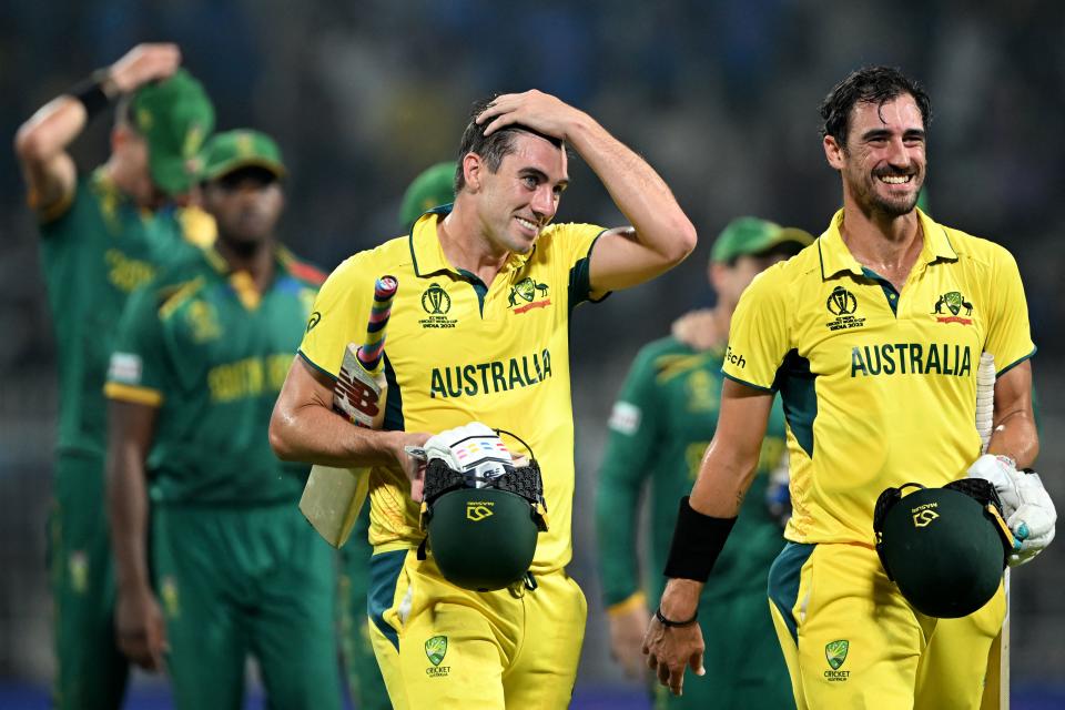 Pat Cummins and Mitchell Starc walk off.