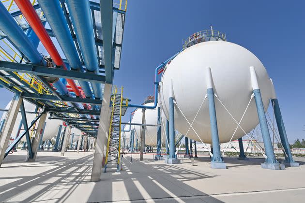 A view of hydrogen storage tanks at the so-called mega green hydrogen plant on Aug. 30, 2023, in the Chinese city of Kuqa, Xinjiang. The facility is China's largest solar-power hydrogen producer.