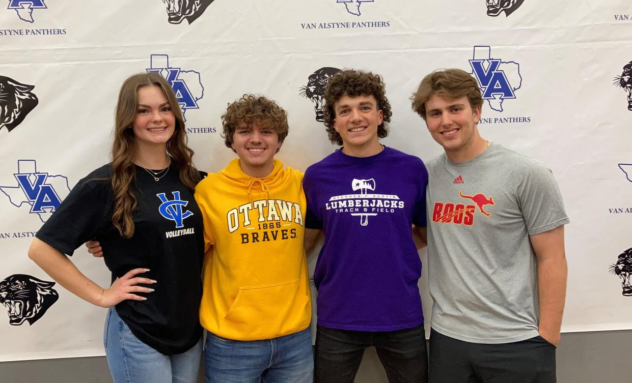 Van Alstyne seniors, from left, Samantha Moore (Vernon College, volleyball), Dylan Geller (Ottawa University, basketball), Blake Hyatt (Stephen F. Austin, track) and Blake Skipworth (Austin College, baseball) announced their college destinations.