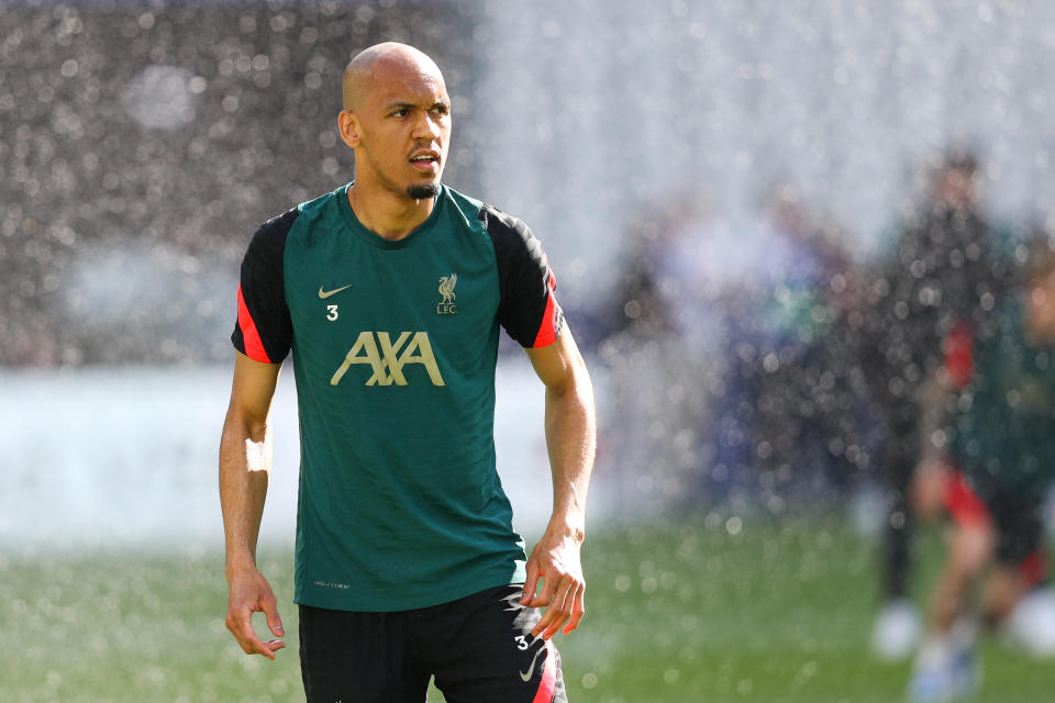 PARIS, FRANCE - MAY 27: Fabinho of Liverpool takes part in an open training session at Stade de France on May 27, 2022 in Paris, France. Liverpool will face Real Madrid in the UEFA Champions League final on May 28, 2022. (Photo by Alex Livesey - Danehouse/Getty Images)