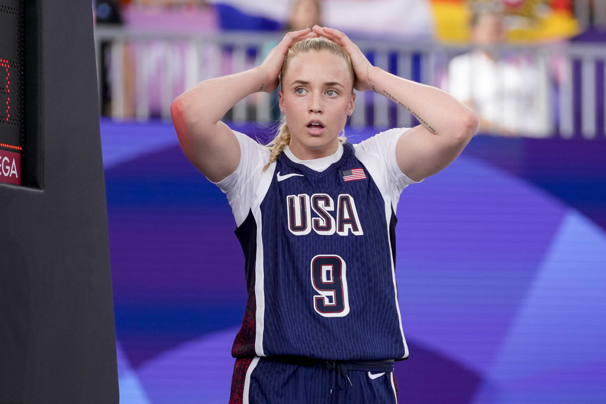 Hailey Van Lith of Team USA looks dejected during the Women's Pool Round match between Germany and the U.S. at the 2024 Paris Olympics. (Alex Gottschalk/Getty Images)