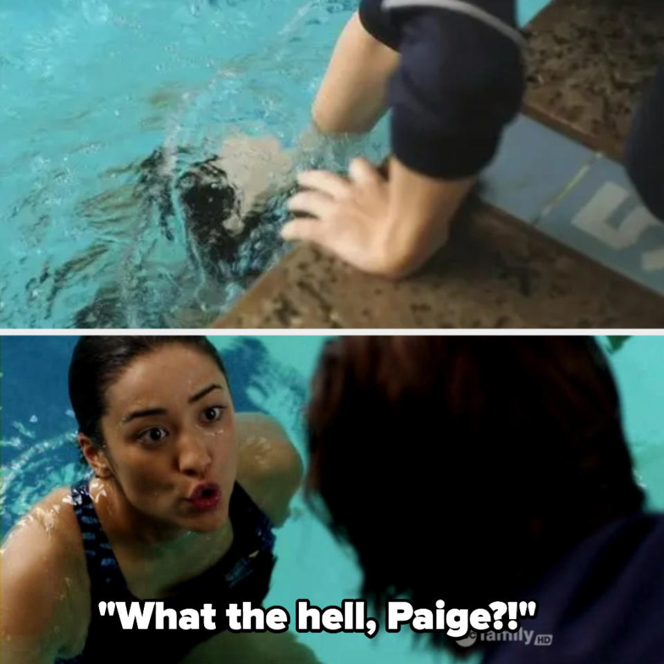 Paige shoves Emily's head under water, "What the hell Paige?!"