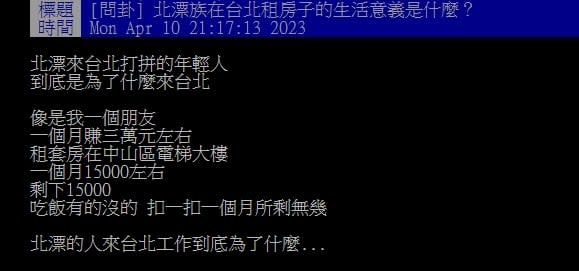 扣完房租每月剩1萬5！他嘆「北漂意義是什麼？」　網揭3大優勢