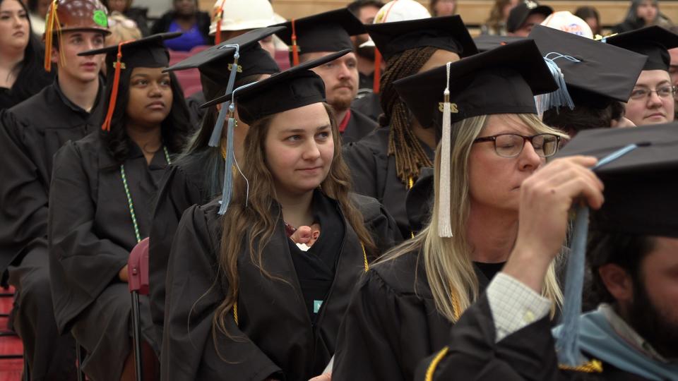 A screengrab of Grace Szymchack and her daughter, 10-day-old Annabelle, at Ferris State University's fall commencement on Dec. 15, 2023.