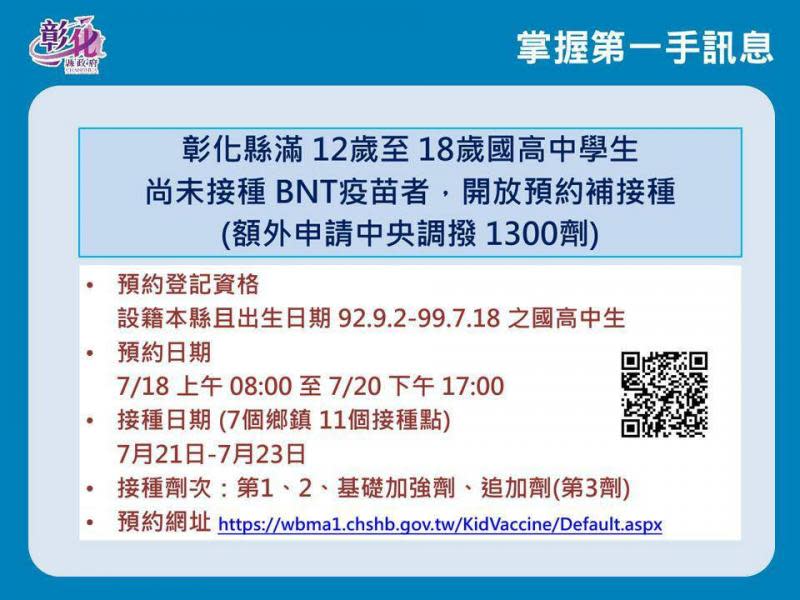 彰化縣國高中生BNT疫苗接種　7鄉鎮11個接種點預約施打