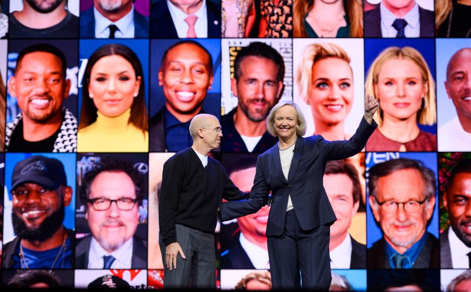 Quibi CEO Meg Whitman (R) and Quibi founder Jeffrey Katzenberg speak about their short-form video streaming service Quibi during their keynote address January 8, 2020 at the 2020 Consumer Electronics Show (CES) in Las Vegas, Nevada. (Photo by Robyn Beck / AFP) (Photo by ROBYN BECK/AFP via Getty Images)