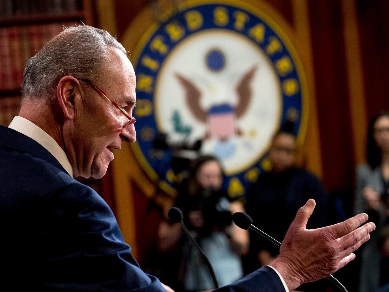 Senate Minority Leader Sen. Chuck Schumer of N.Y., speaks at a news conference, Monday, Dec. 16, 2019, on Capitol Hill in Washington. (AP Photo/Andrew Harnik)