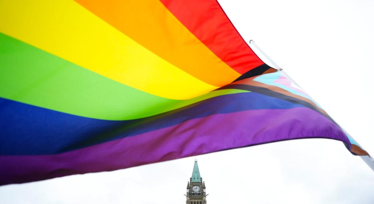 A Pride flag flies on Parliament Hill in Ottawa on Thursday, June 8, 2023, during a Pride event. (Sean Kilpatrick/Canadian Press - image credit)