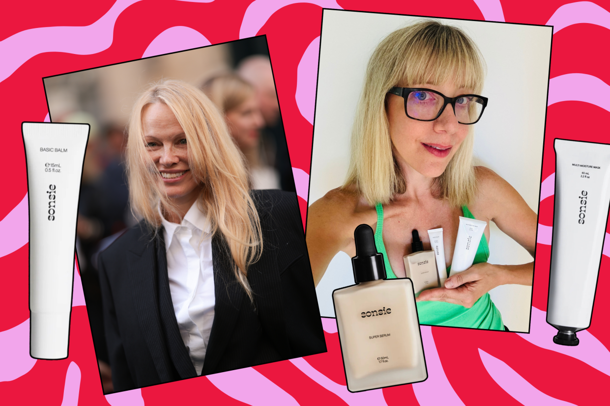 collage of pamela anderson at paris fashion week 2023, blonde woman wearing glasses and sonsie skincare products on pink background