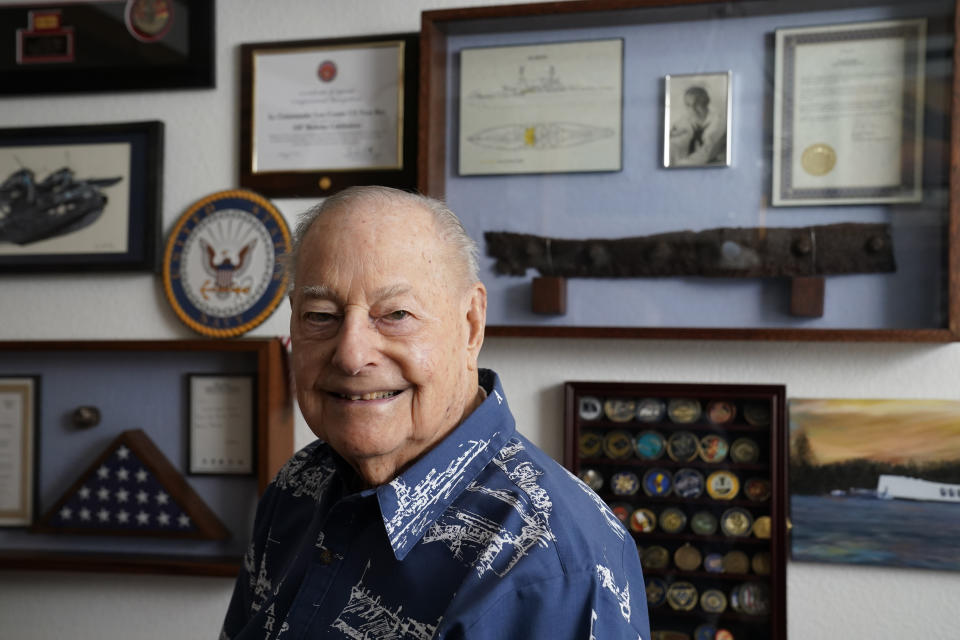 CORRECTS AGE TO 101 INSTEAD OF 102 - Pearl Harbor survivor Lou Conter, 101, is seen at his home in Grass Valley, Calif., Friday, Nov. 18, 2022. Conter survived the devastating explosion that destroyed the battleship, USS Arizona during the Japanese attack on Pearl Harbor, Dec. 7, 1941. (AP Photo/Rich Pedroncelli)