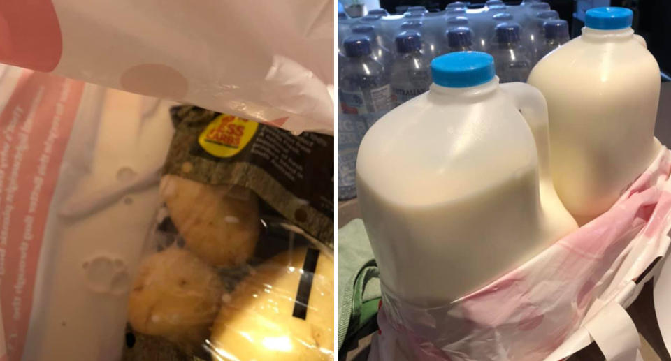 Photo shows a Coles bag with milk pooled in the bottom alongside a photo of a quarter empty milk bottle.