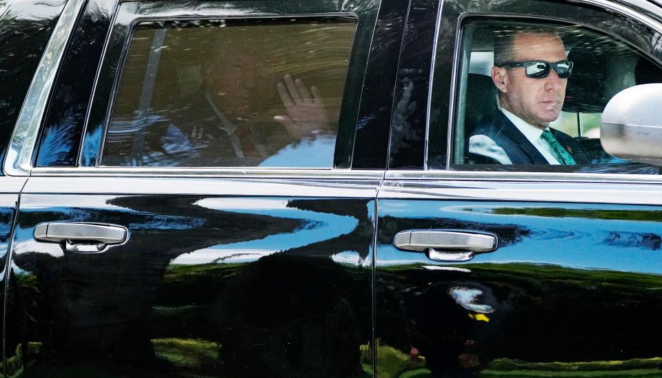 Former President Donald Trump leaves his Trump National Doral resort, Tuesday, June 13, 2023 in Doral, Fla. (AP Photo/Jim Rassol) ORG XMIT: FLJS103