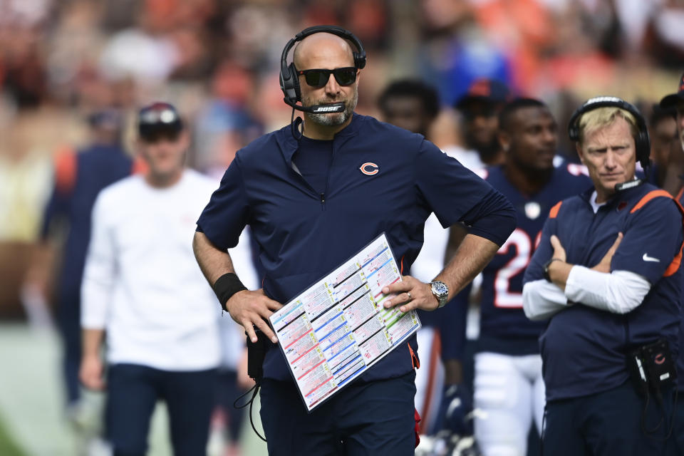 Chicago Bears head coach Matt Nagy might need to hand the play-call sheet to someone else. (AP Photo/David Dermer)