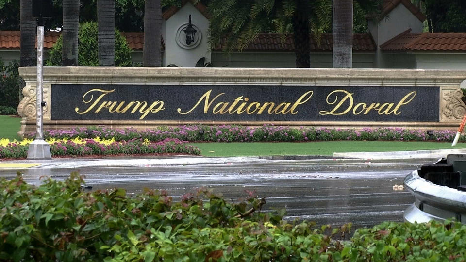 FILE - This June 2, 2017 file frame from video shows the Trump National Doral in Doral, Fla. President Donald Trump was in full sales mode Monday, Aug. 26, 2019, doing everything but passing out brochures as he touted the features that would make the Doral golf resort the ideal place for the next G7 Summit _ close to the airport, plenty of hotel rooms, separate buildings for every delegation, even top facilities for the media. (AP Photo/Alex Sanz, File)