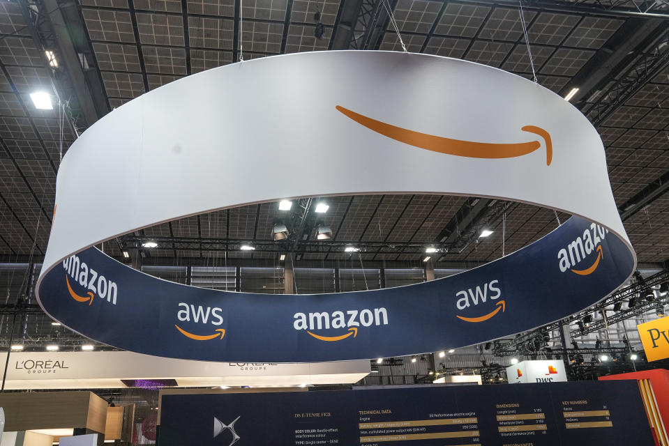 FILE - The Amazon logo is shown at the Vivatech show in Paris, June 15, 2023. New European Union rules aimed at preventing tech companies from dominating digital markets will change what people see online starting Thursday, March 7, 2024. (AP Photo/Michel Euler, File)