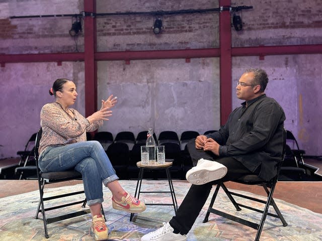 A seated Amanda Abbington talks to Krishnan Guru-Murthy