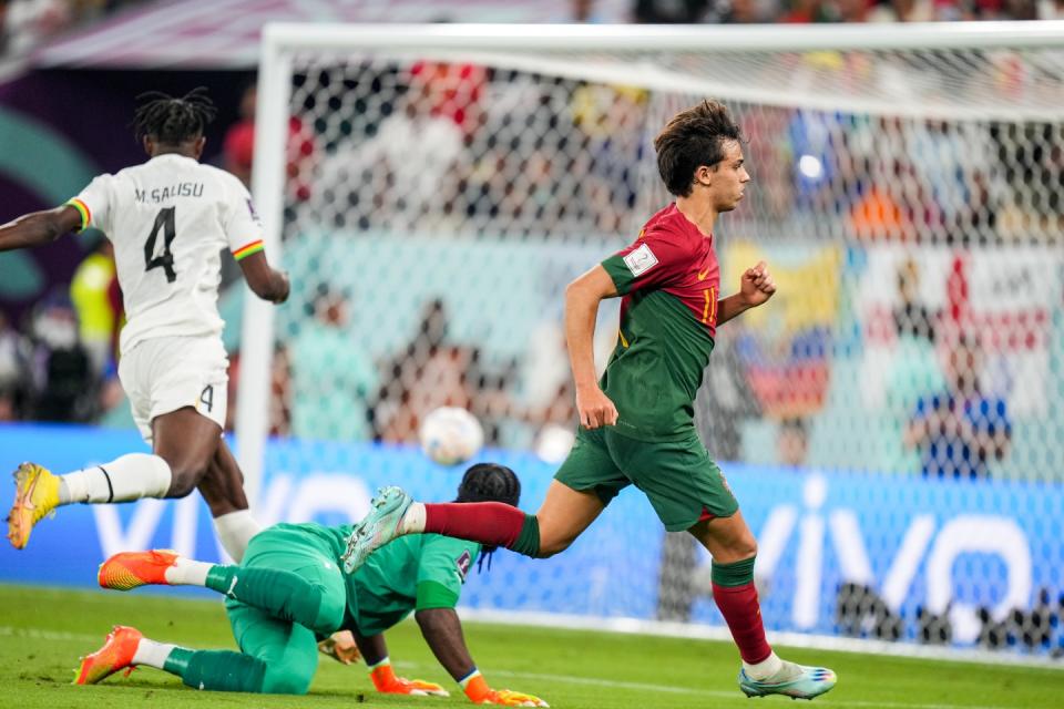 (11) JOAO FELIX of Portugal team celebrate after score second goal during FIFA World Cup Qatar 2022 Group H football match between Portugal and Ghana at Stadium 974 in Doha on 24 November 2022. (Photo by Ayman Aref/NurPhoto via Getty Images)