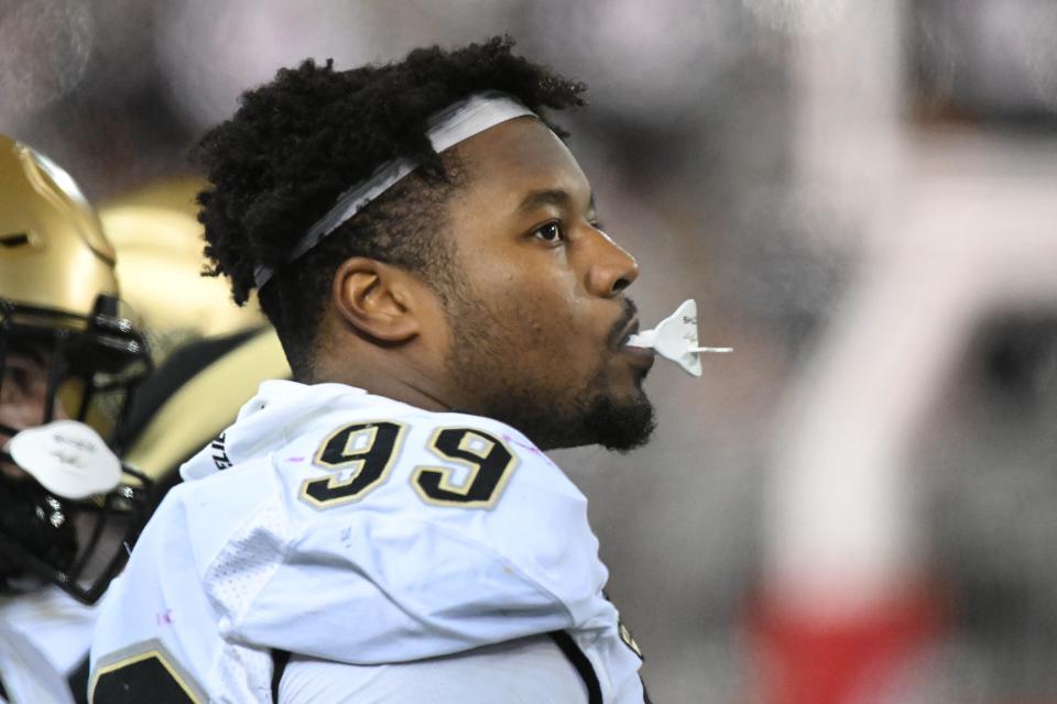 Colorado Buffaloes defensive lineman Shane Cokes (99) looks on during a game against the Washington State Cougars in the second half at Gesa Field at Martin Stadium on Nov. 17, 2023, in Pullman, Washington.