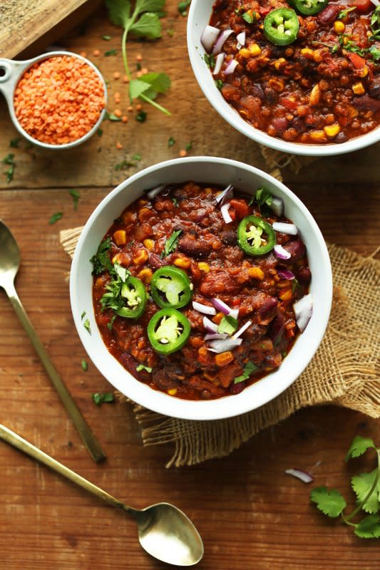 <p>Minimalist Baker</p><p>Hearty red lentil chili made in one pot with simple ingredients! A smoky, flavorful, protein and fiber-rich plant-based meal perfect for cold nights and feeding a crowd.</p><p><strong>Get the recipe: <a href="https://minimalistbaker.com/1-pot-red-lentil-chili/" rel="nofollow noopener" target="_blank" data-ylk="slk:One-Pot Red Lentil Chili;elm:context_link;itc:0;sec:content-canvas" class="link ">One-Pot Red Lentil Chili</a></strong></p>