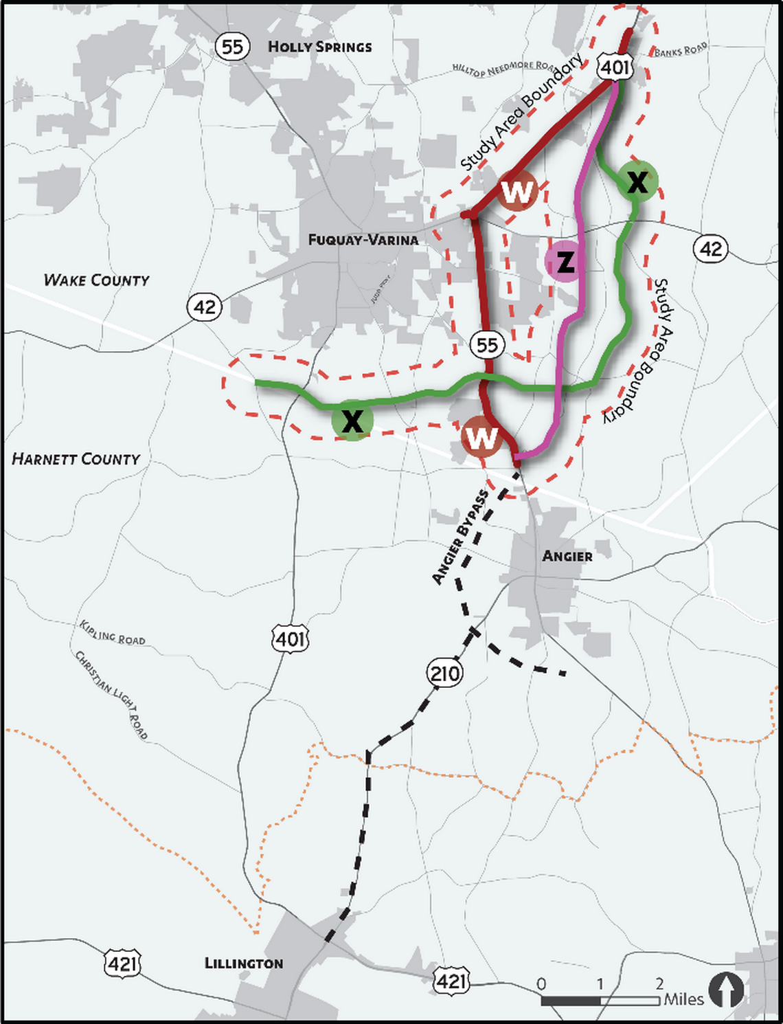 The Capital Area Metropolitan Planning Organization has developed three options for bypassing U.S. 401 traffic around Fuquay-Varina in southern Wake County. Option W would involve improving existing U.S. 401 and N.C. 55, while the other two options are new highways.