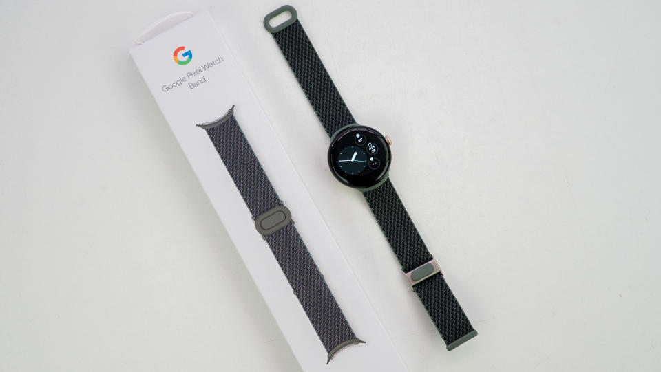 The Ivy colorway Google Pixel Watch Woven Band with its box