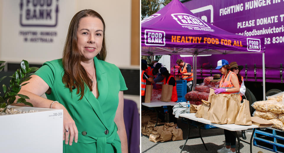 Foodbank Australia CEO Brianna Casey (left), Foodbank volunteers distributing food (right).