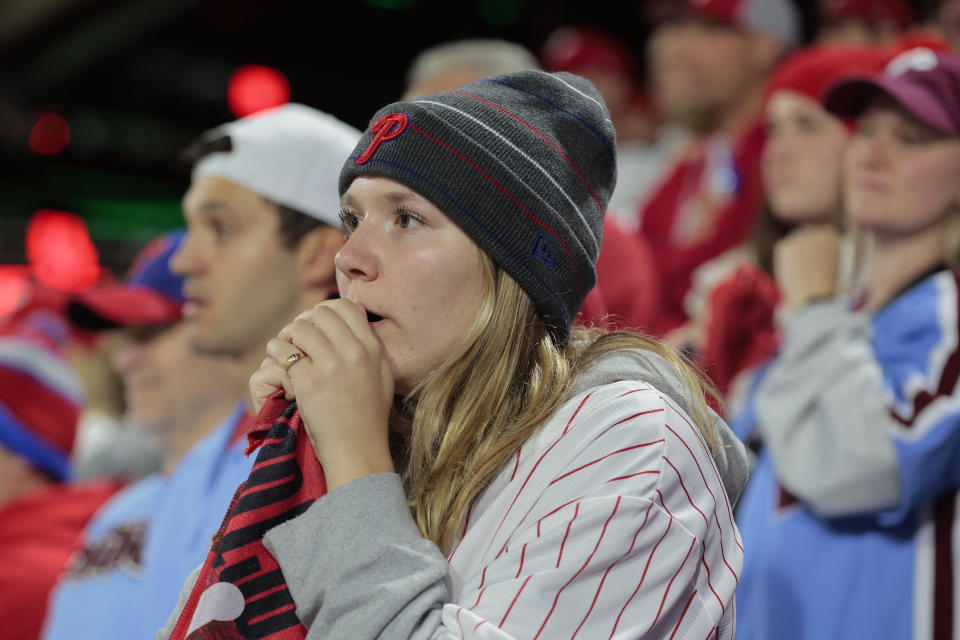 Philadelphia Phillies fan Audrey Gordon reacts during the fifth inning of Game 7 of baseball's National League Championship Series against the Arizona Diamondbacks Tuesday, Oct. 24, 2023, at Citizens Bank Park in Philadelphia. The Phillies lost 4-2. (Charles Fox/The Philadelphia Inquirer via AP)