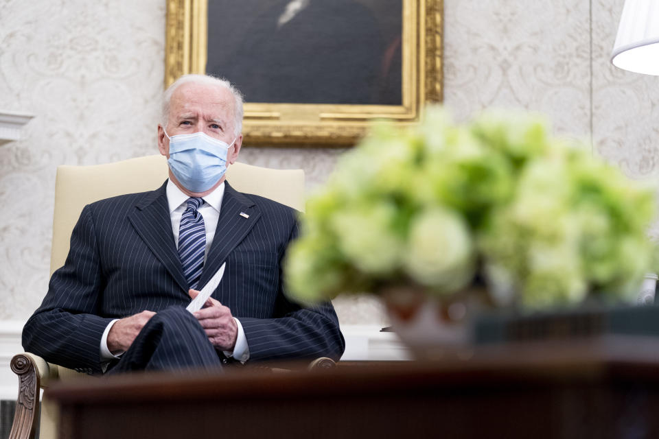 President Joe Biden meets with members of congress to discuss his jobs plan in the Oval Office of the White House in Washington, Monday, April 19, 2021. (AP Photo/Andrew Harnik)