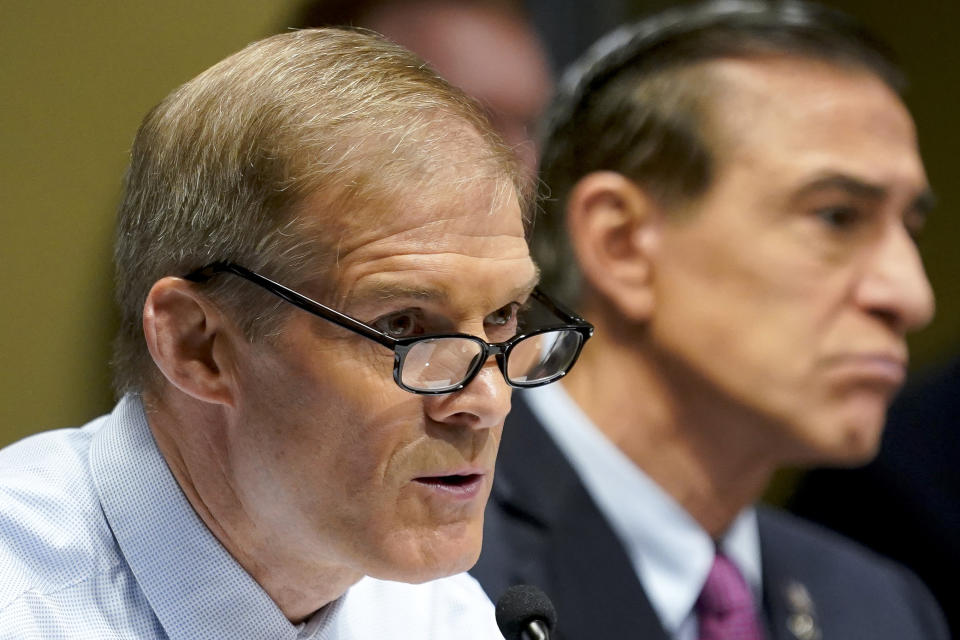 House Judiciary Committee Chair Jim Jordan, R-Ohio, speaks alongside Rep. Darrell Issa, R-Calif., right, during a House Judiciary Committee Field Hearing, Monday, April 17, 2023, in New York. Republicans upset with former President Donald Trump's indictment are escalating their war on Manhattan District Attorney Alvin Bragg who charged him, trying to embarrass him on his home turf. (AP Photo/John Minchillo)