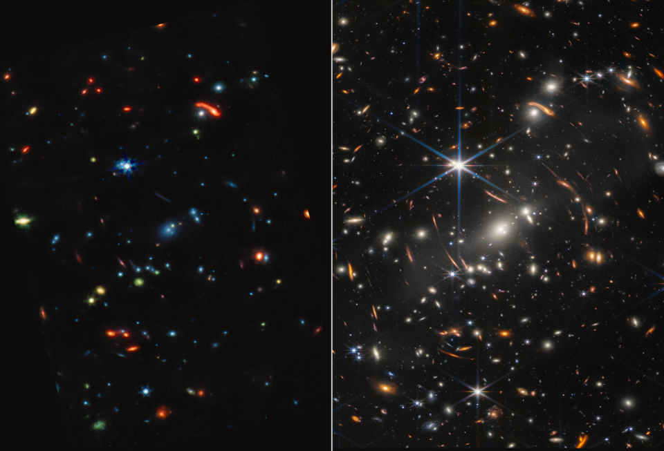 El cúmulo de galaxias SMACS 0723 visto en luz infrarroja media por el telescopio espacial James Webb de la NASA. A la dcha. la imagen del infrarrojo cercano del James Webb. <a href="https://stsci-opo.org/STScI-01G8H1W84BMJA3CPD6C5ZW6WSE.png" rel="nofollow noopener" target="_blank" data-ylk="slk:NASA, ESA, CSA, STScI;elm:context_link;itc:0;sec:content-canvas" class="link ">NASA, ESA, CSA, STScI</a>, <a href="http://creativecommons.org/licenses/by/4.0/" rel="nofollow noopener" target="_blank" data-ylk="slk:CC BY;elm:context_link;itc:0;sec:content-canvas" class="link ">CC BY</a>