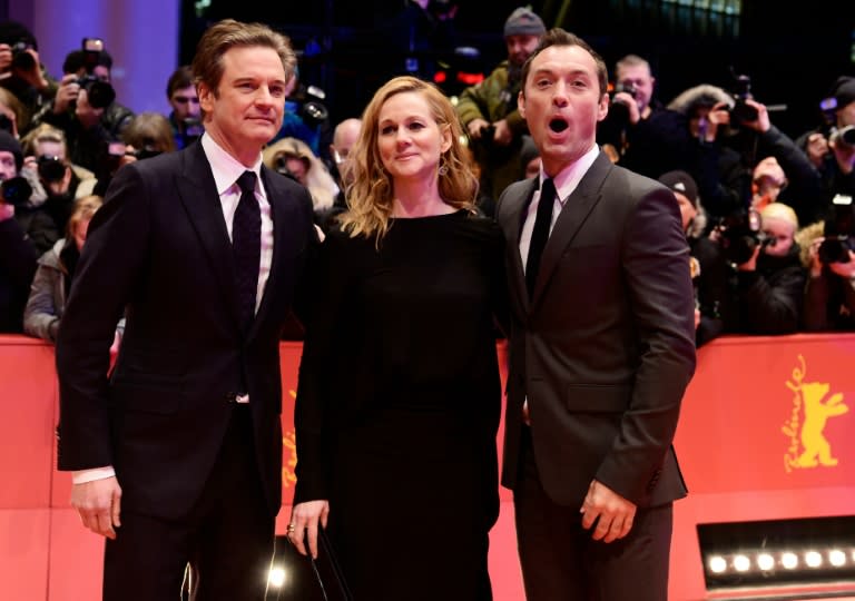 L-R: British actor Colin Firth, US actress Laura Linney and British actor Jude Law attend the screening of the film "Genius" at the 66th Berlinale Film Festival in Berlin on February 16, 2016