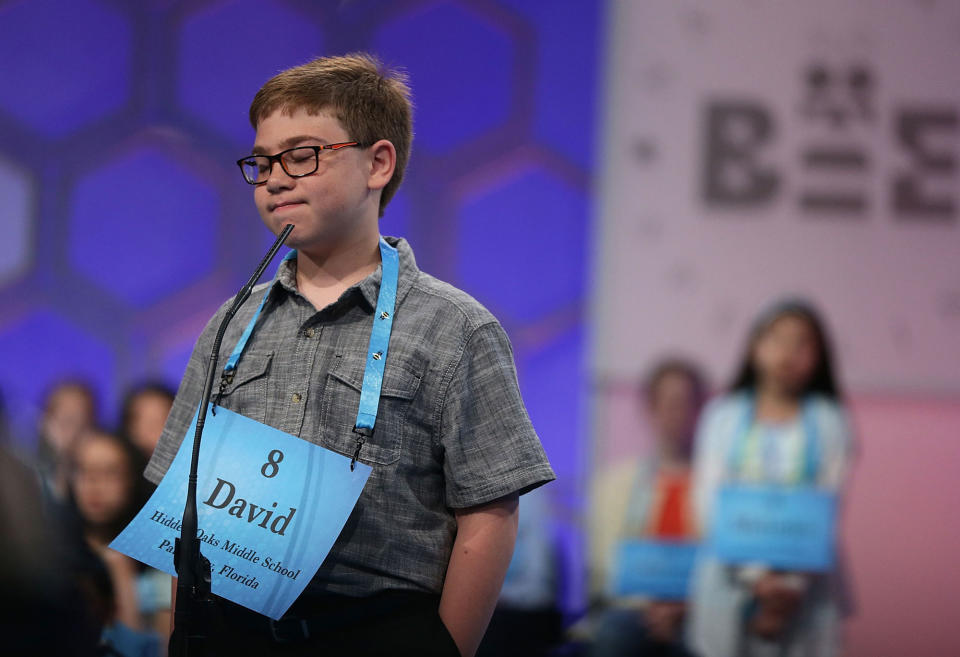 <p>David Scot Firestone of Palm City, Fla., reacts after he misspelled his word during round two of 2017 Scripps National Spelling Bee. (Alex Wong/Getty Images) </p>