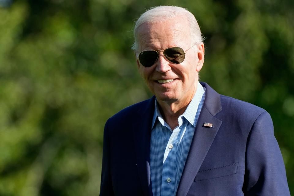 President Joe Biden walks on the South Lawn as he arrives at the White House, Monday, Sep. 4, 2023, in Washington.